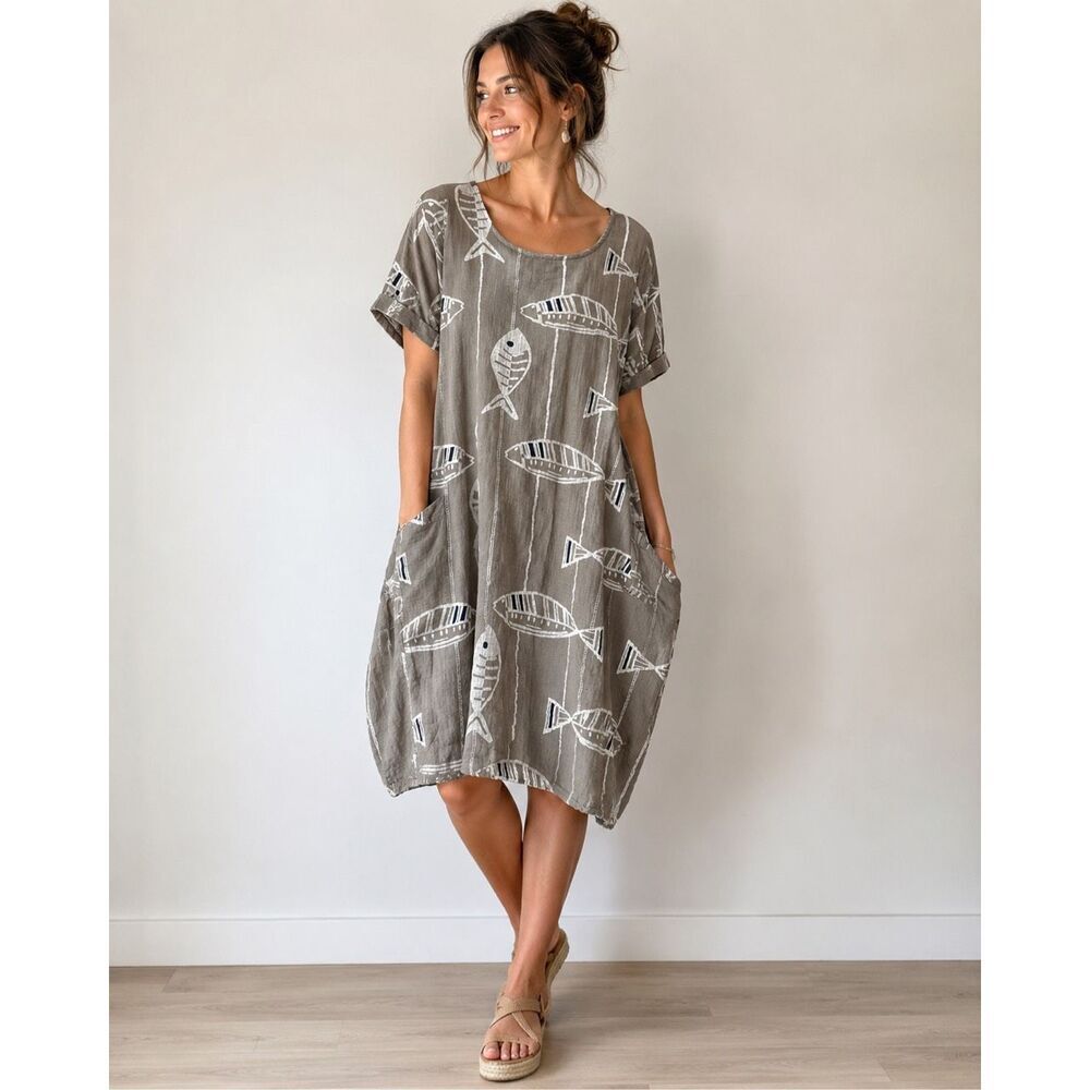 Made in Italy Fish Print Cotton Lagenlook Cocoon Dress Taupe OS